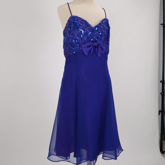 Dresses Vtg 8s Cobalt Blue Sequin Big Bow Chiffon Mini Dress Party